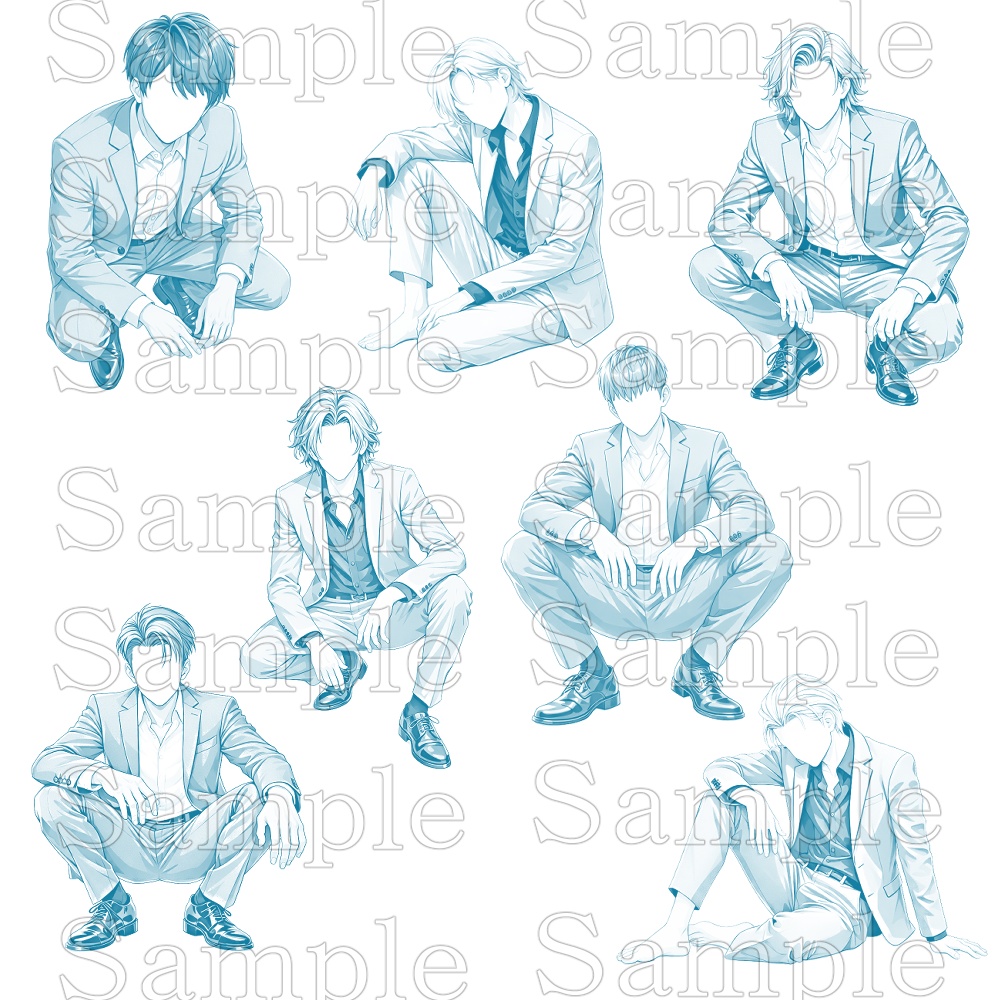 【トレス用】スーツ男性ポーズ集【しゃがみ編】21ポーズ