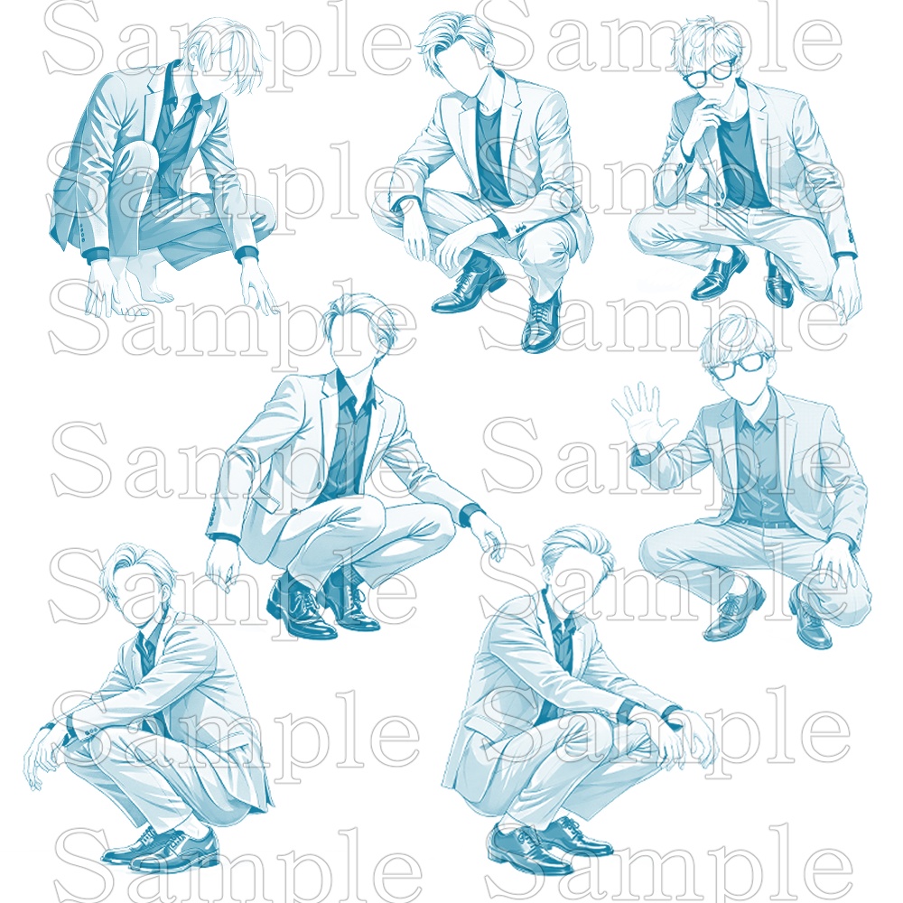 【トレス用】スーツ男性ポーズ集【しゃがみ編】21ポーズ