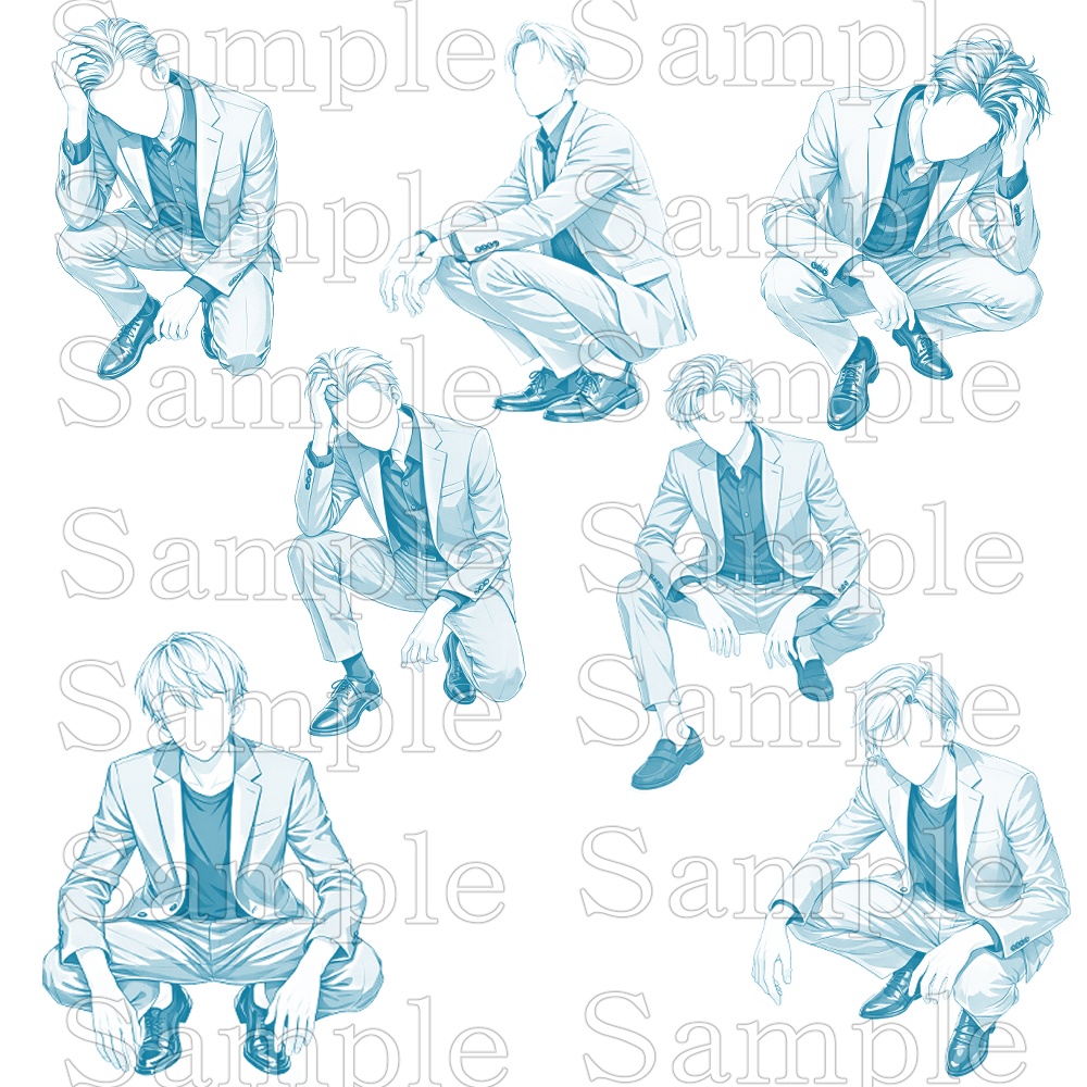 【トレス用】スーツ男性ポーズ集【しゃがみ編】21ポーズ