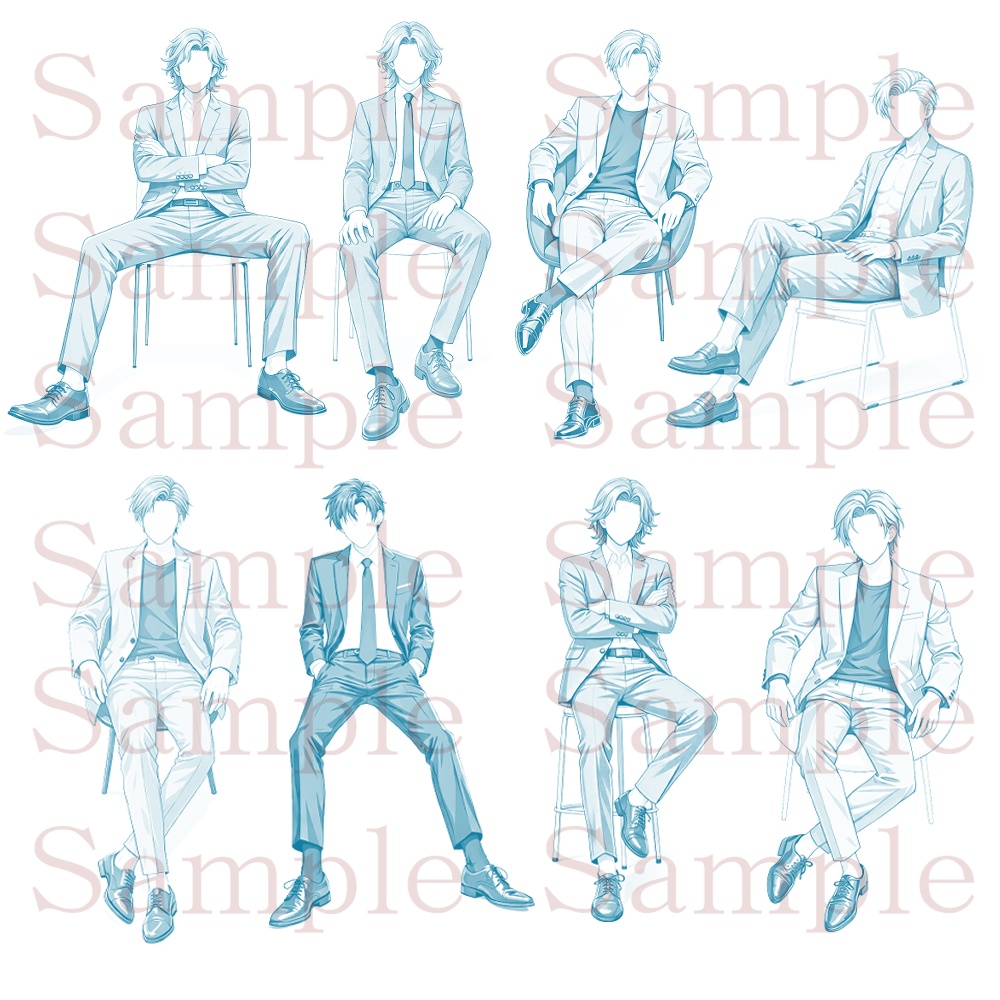【トレス用】スーツ男性ポーズ素材集【座り編】22ポーズ+おまけ5枚