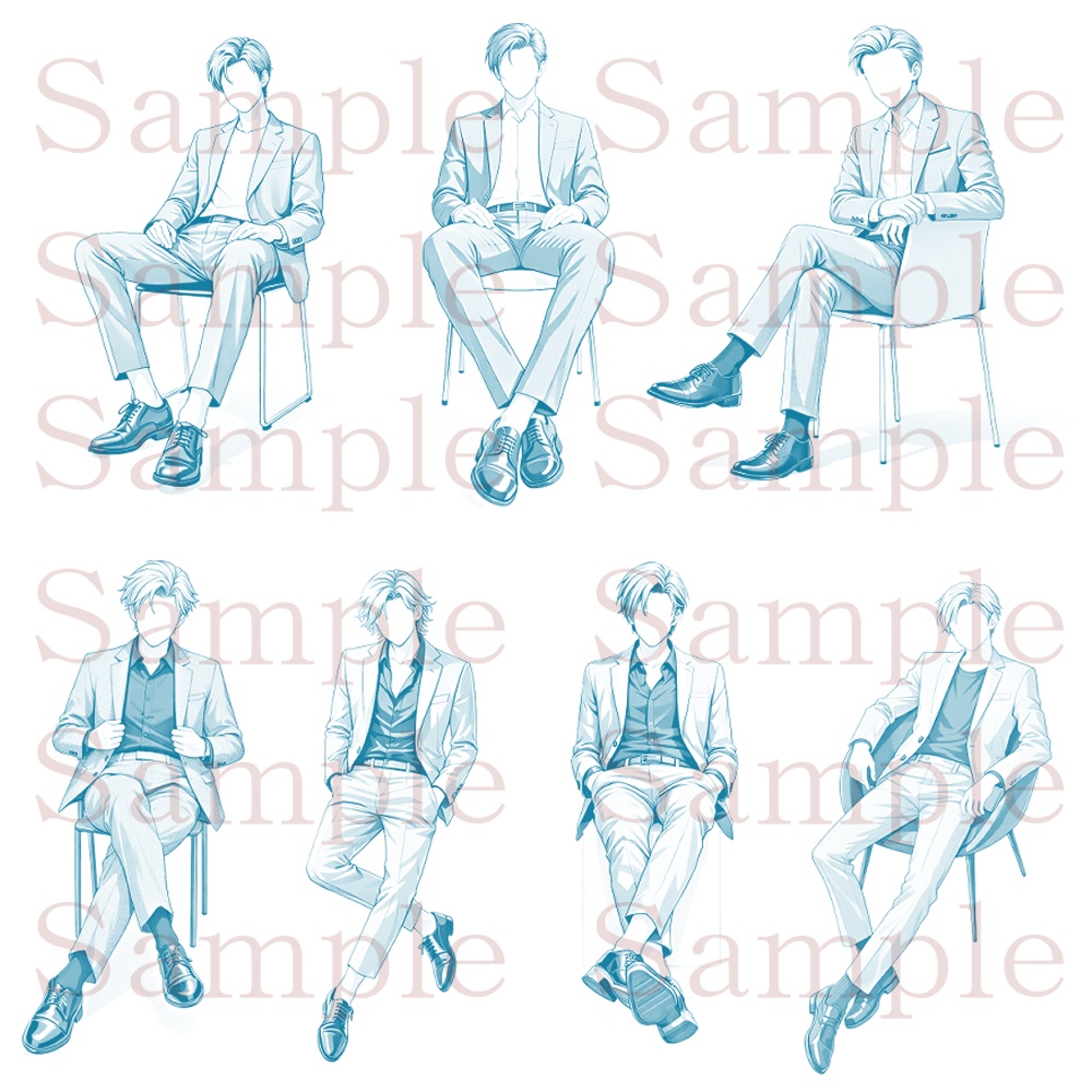 【トレス用】スーツ男性ポーズ素材集【座り編】22ポーズ+おまけ5枚