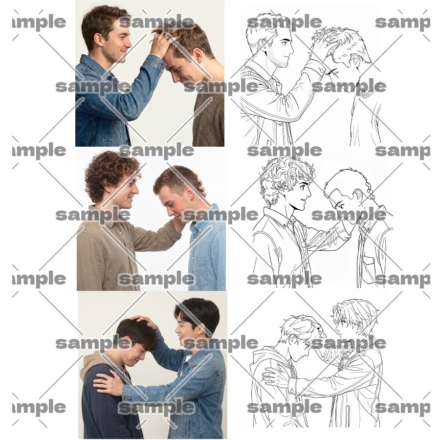 【トレスOK】頭を撫でるBLポーズ素材SET 写真素材+イラスト素材セット
