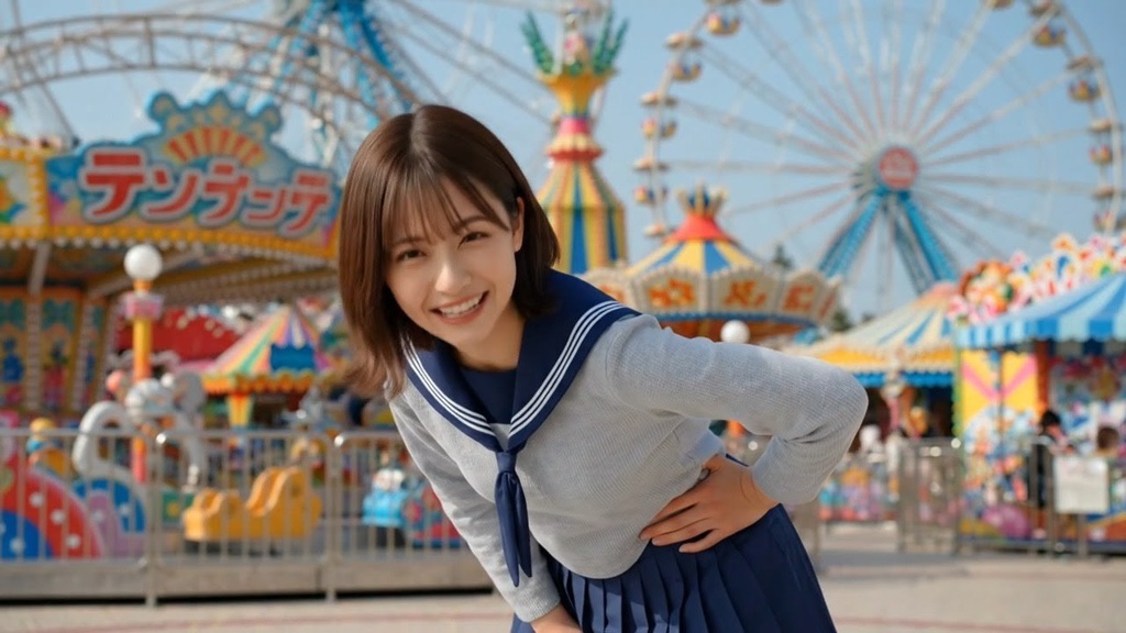 【高画質】 AI動画 架空の遊園地をかわいい女性が案内する。約５秒