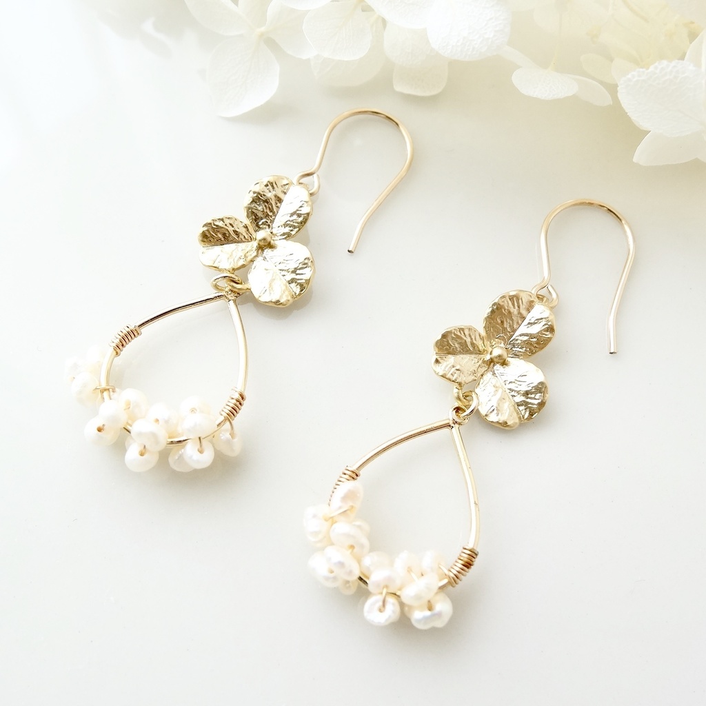 淡水パール&K14gf ー白詰草のフープ(イヤリングOK)