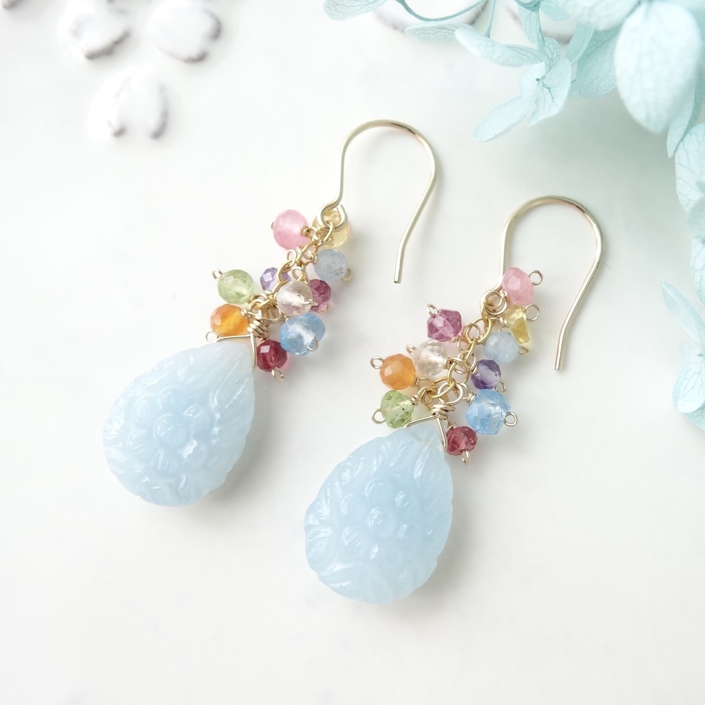 ミルキーアクアマリン K14gfピアス スプリングフラワー Rose Rain Booth