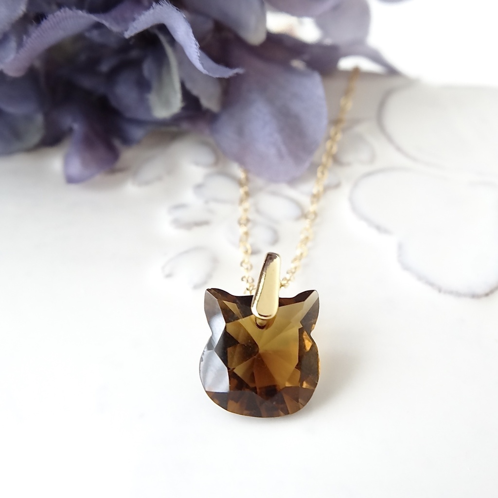 大粒猫型・コニャッククォーツ＆K14gfネックレス brown cat