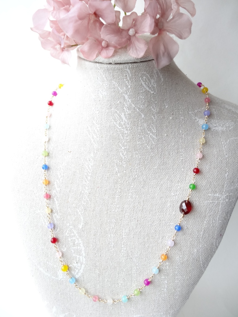 ガーネット&マルチカラーストーン/虹色水玉ネックレス