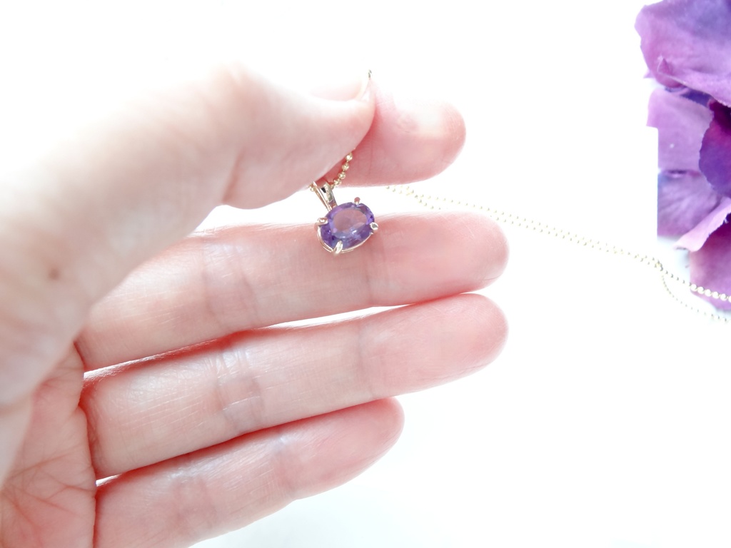 横向きアメジスト&silver925/K18GPボールチェーンネックレス