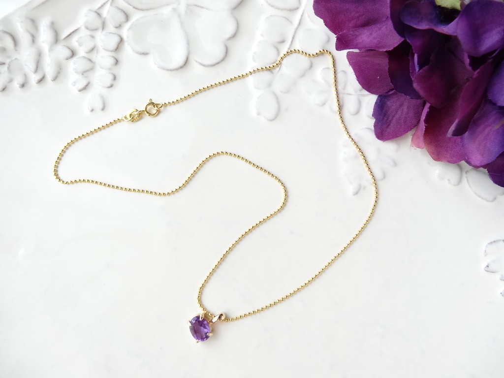 横向きアメジスト&silver925/K18GPボールチェーンネックレス
