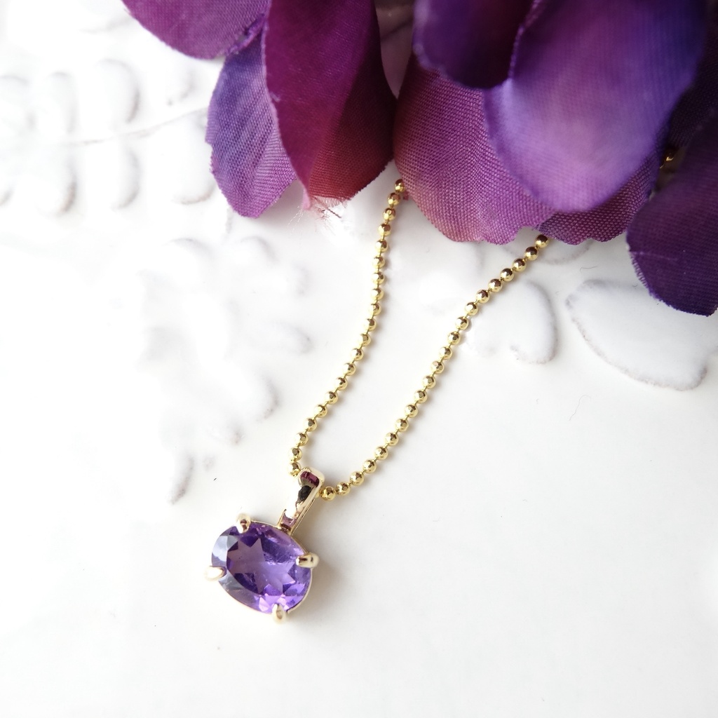 横向きアメジスト&silver925/K18GPボールチェーンネックレス