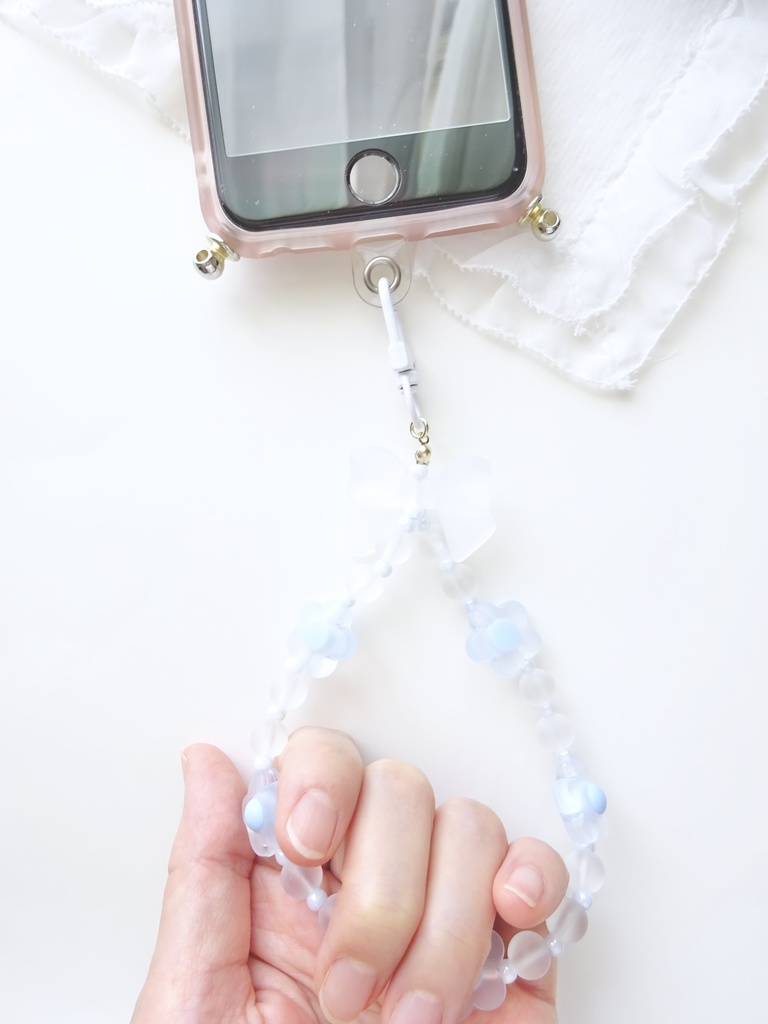 フロストリボンとフラワーのストラップ・ブルー