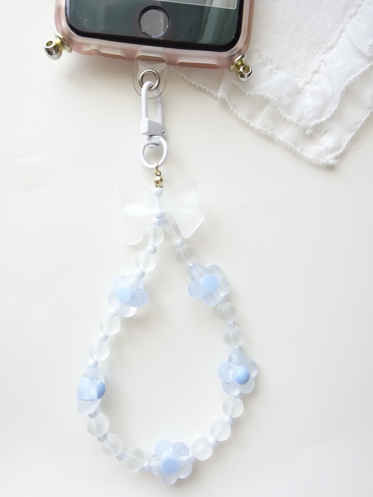 フロストリボンとフラワーのストラップ・ブルー