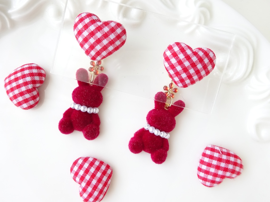 (2WAY)ギンガムハートラビットピアス*レッド
