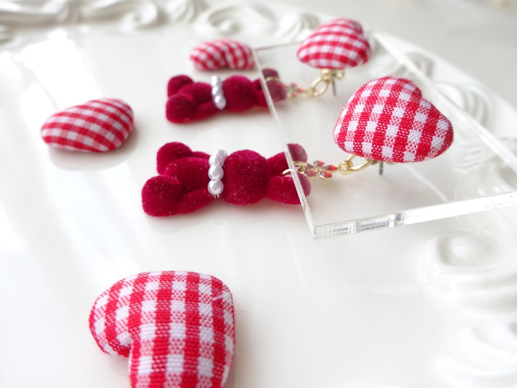 (2WAY)ギンガムハートラビットピアス*レッド