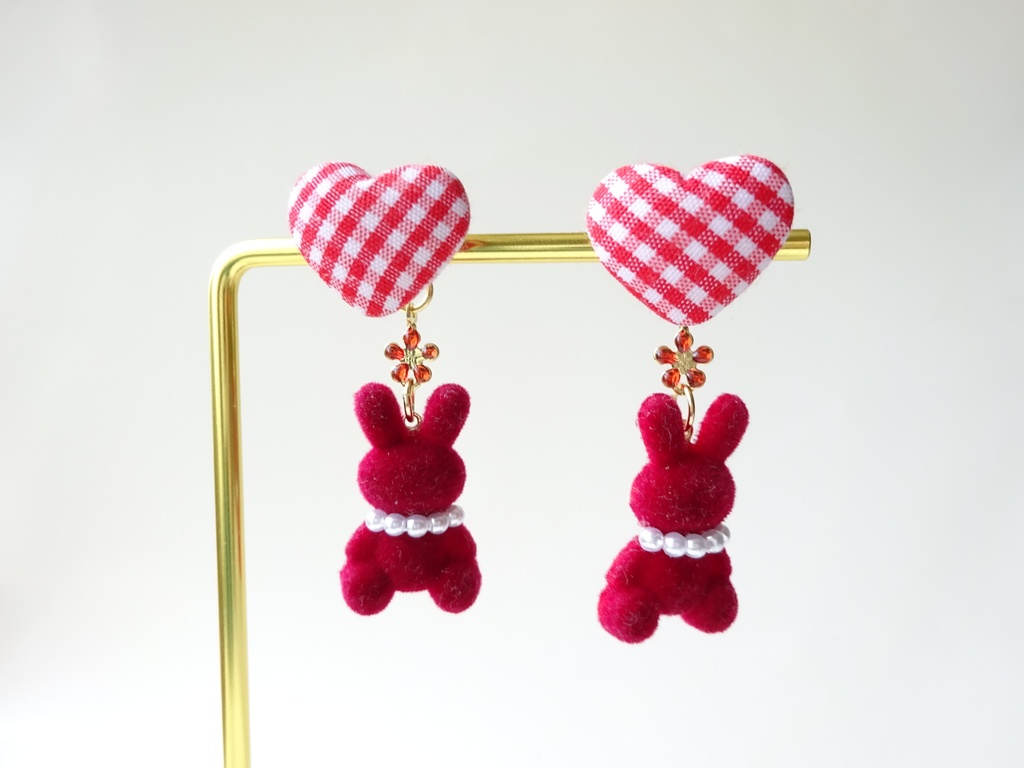 (2WAY)ギンガムハートラビットピアス*レッド