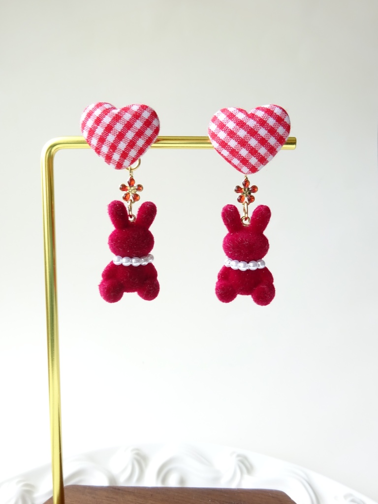 (2WAY)ギンガムハートラビットピアス*レッド