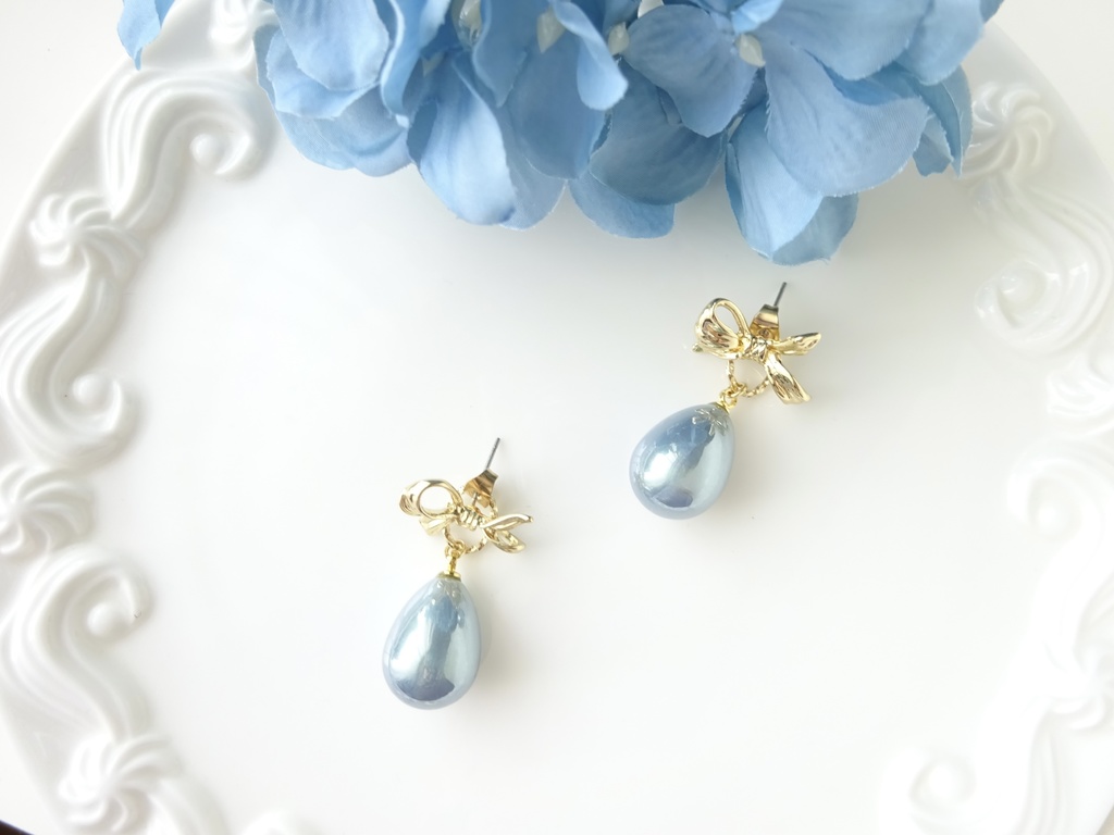 (2WAY)ブルードロップとリボンのピアス