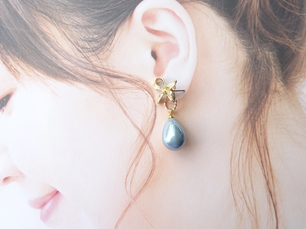 (2WAY)ブルードロップとリボンのピアス