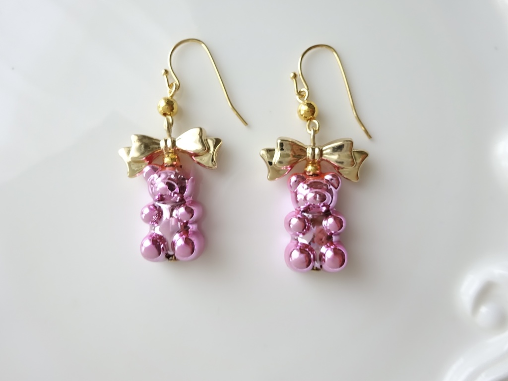 再販*スパークル テディピアス ピンク(イヤリングOK)