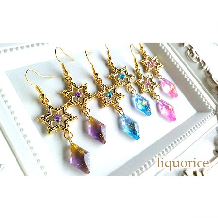 六芒星とクリスタルのピアス・イヤリング(黄色&紫色)