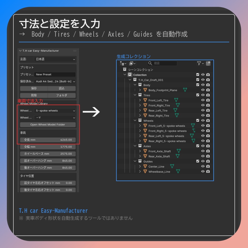 車両寸法で車が作れるアドオン 【Blenderアドオン】