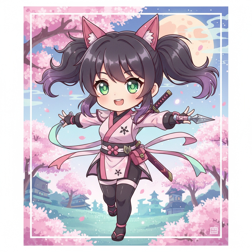 猫耳くのいち×桜チビキャライラスト
