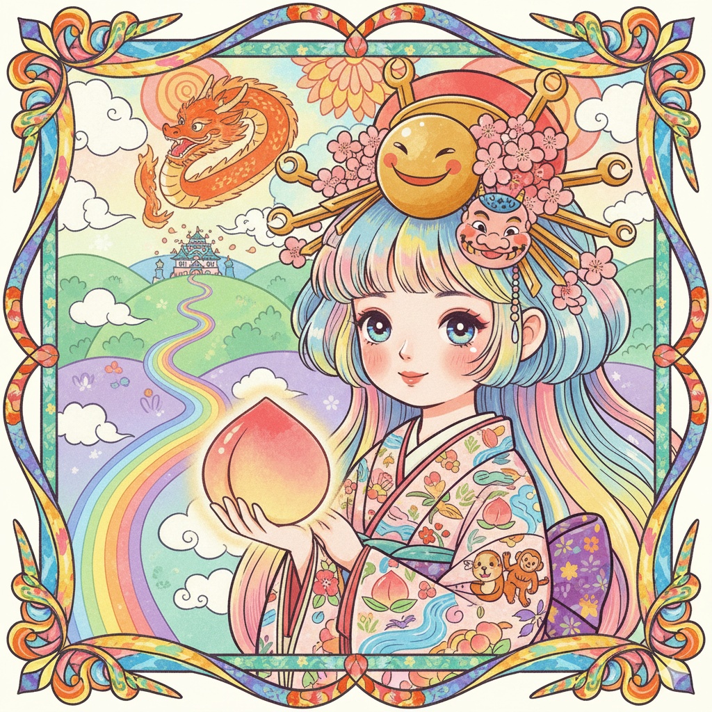 桃と虹の幻想絵巻アート — Momotaro Fantasy Art