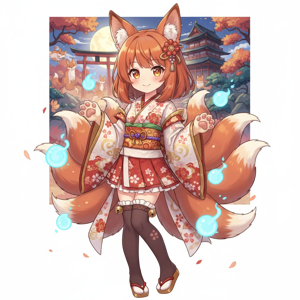 九尾のキツネ娘：秋の夜長の和風ファンタジー素材