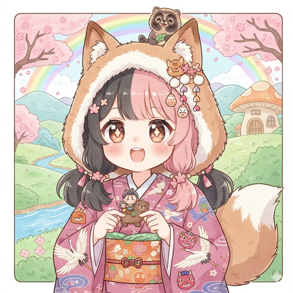 可愛いキツネ娘和風イラスト