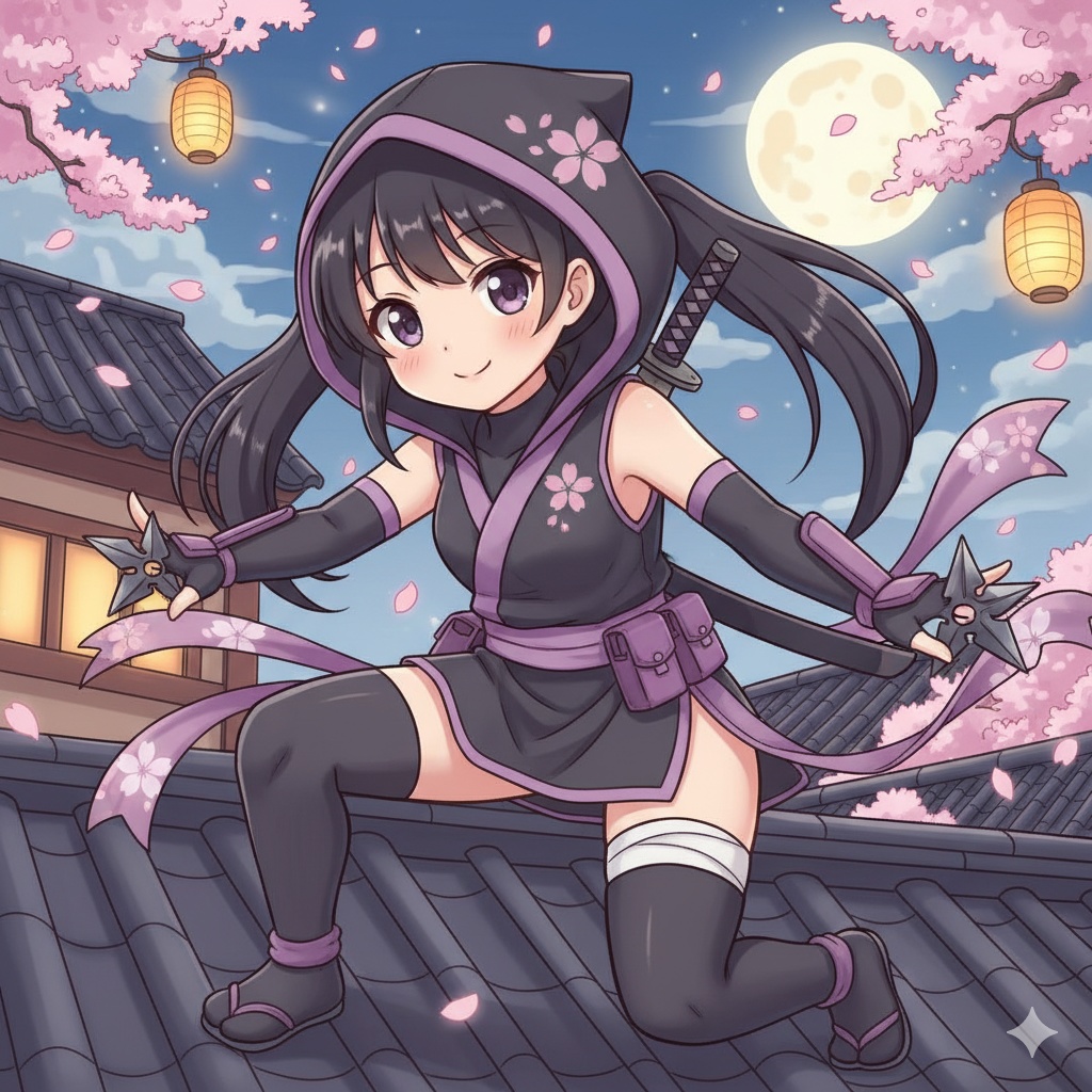 月夜の桜忍者ガール — Ninja Girl under the Cherry Blossoms