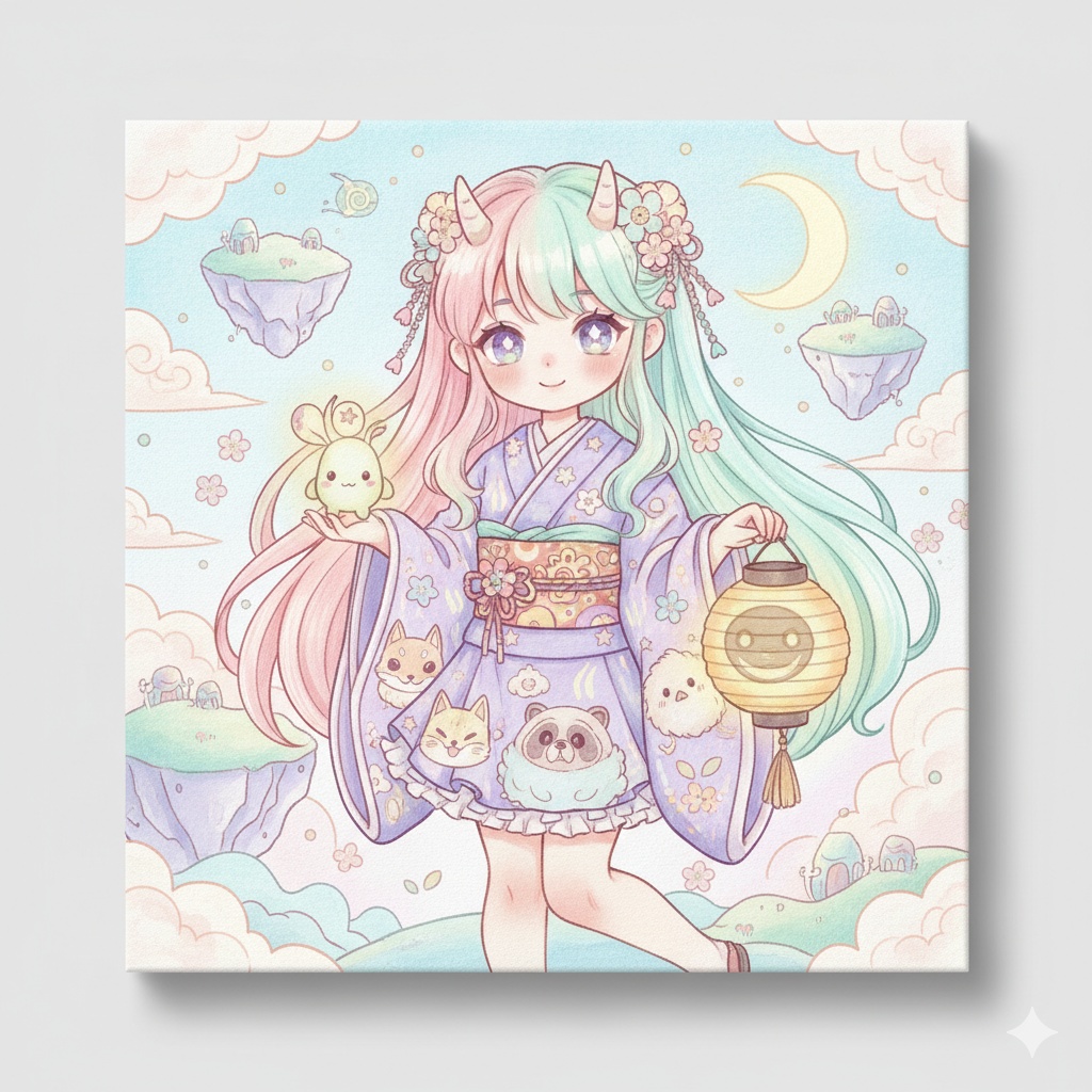 ゆめかわ鬼っ子と浮遊の空 — Pastel Oni Girl Art