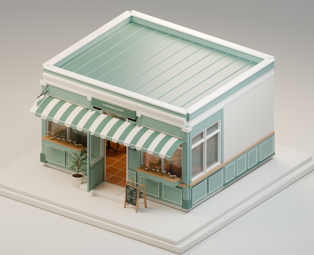 CORNERLIGHT|小さな街角カフェ&雑貨店キット【49モデル/Unity・VRChat・Godot・Blender】