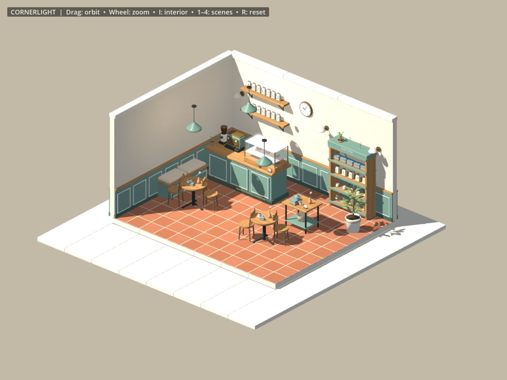 CORNERLIGHT|小さな街角カフェ&雑貨店キット【49モデル/Unity・VRChat・Godot・Blender】