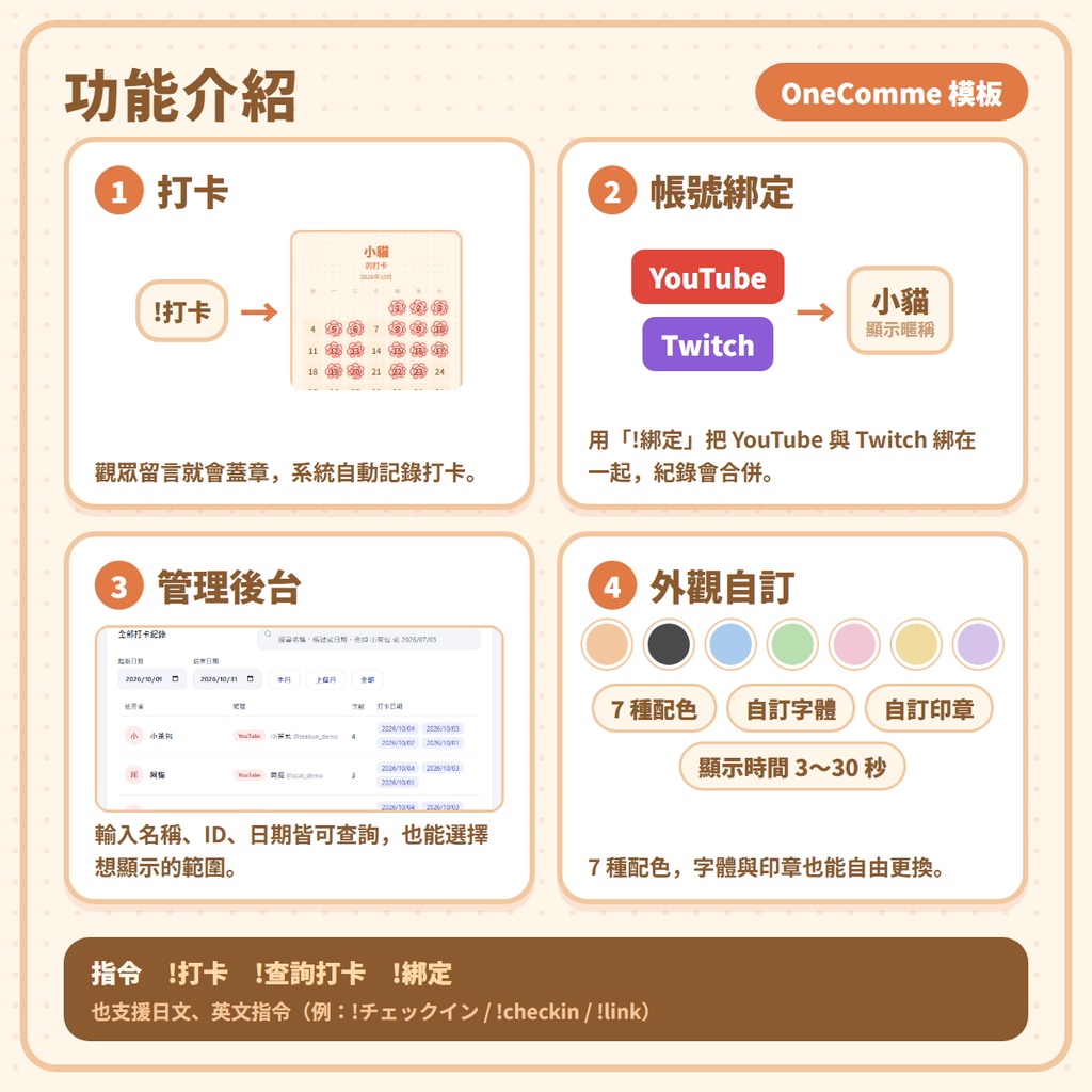 【わんコメ用テンプレート】チェックインカレンダー|打卡月曆|Check-in Calendar|OneComme Template