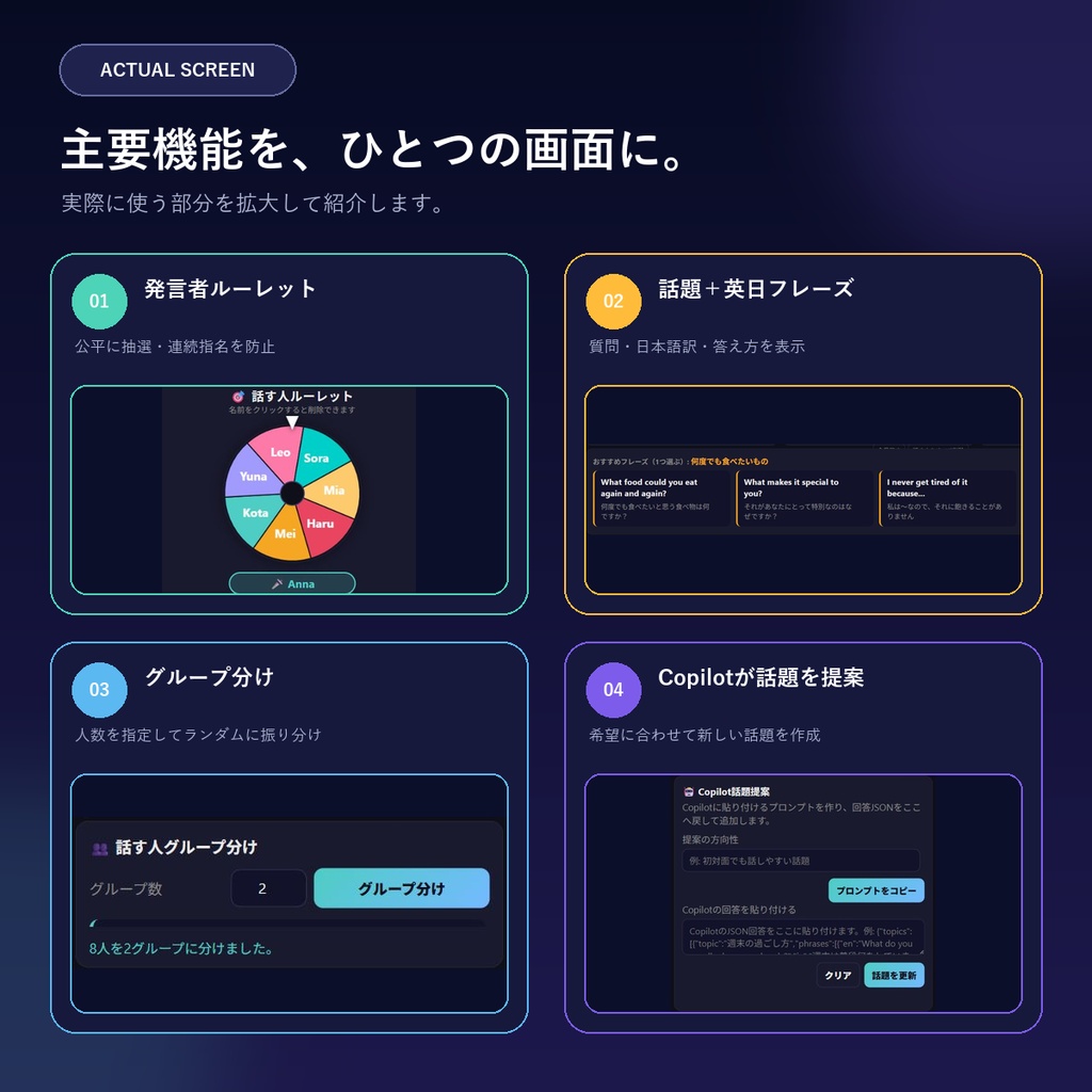 【英会話サークル進行ツール】話す人を公平に抽選+話題・英日フレーズ+グループ分け|HTML