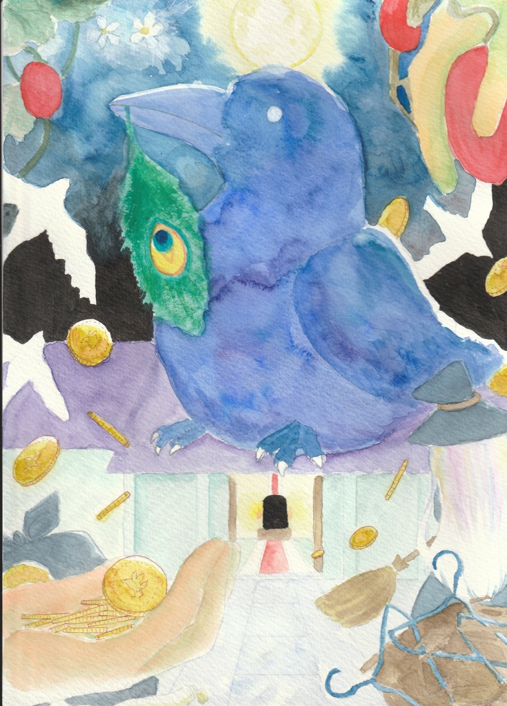 A4サイズ水彩画　「青烏・暗」