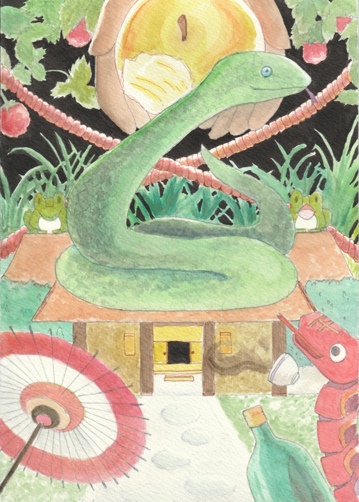 A4サイズ水彩画　「緑蛇・暗」