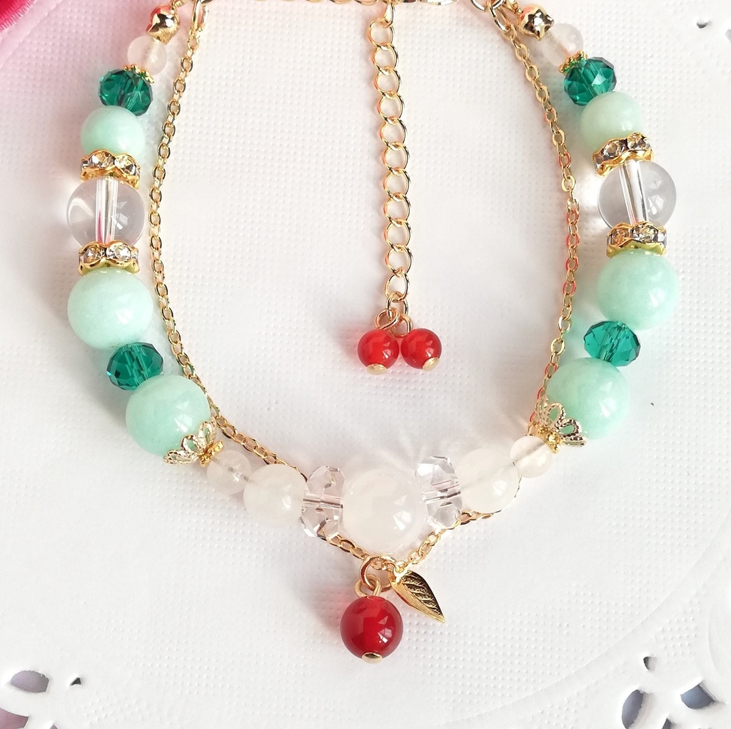 ハンドメイド 【メロンクリームソーダ】天然石2連ブレスレット