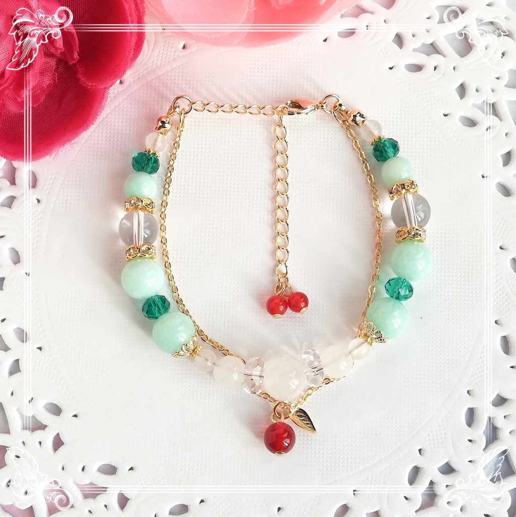 ハンドメイド 【メロンクリームソーダ】天然石2連ブレスレット