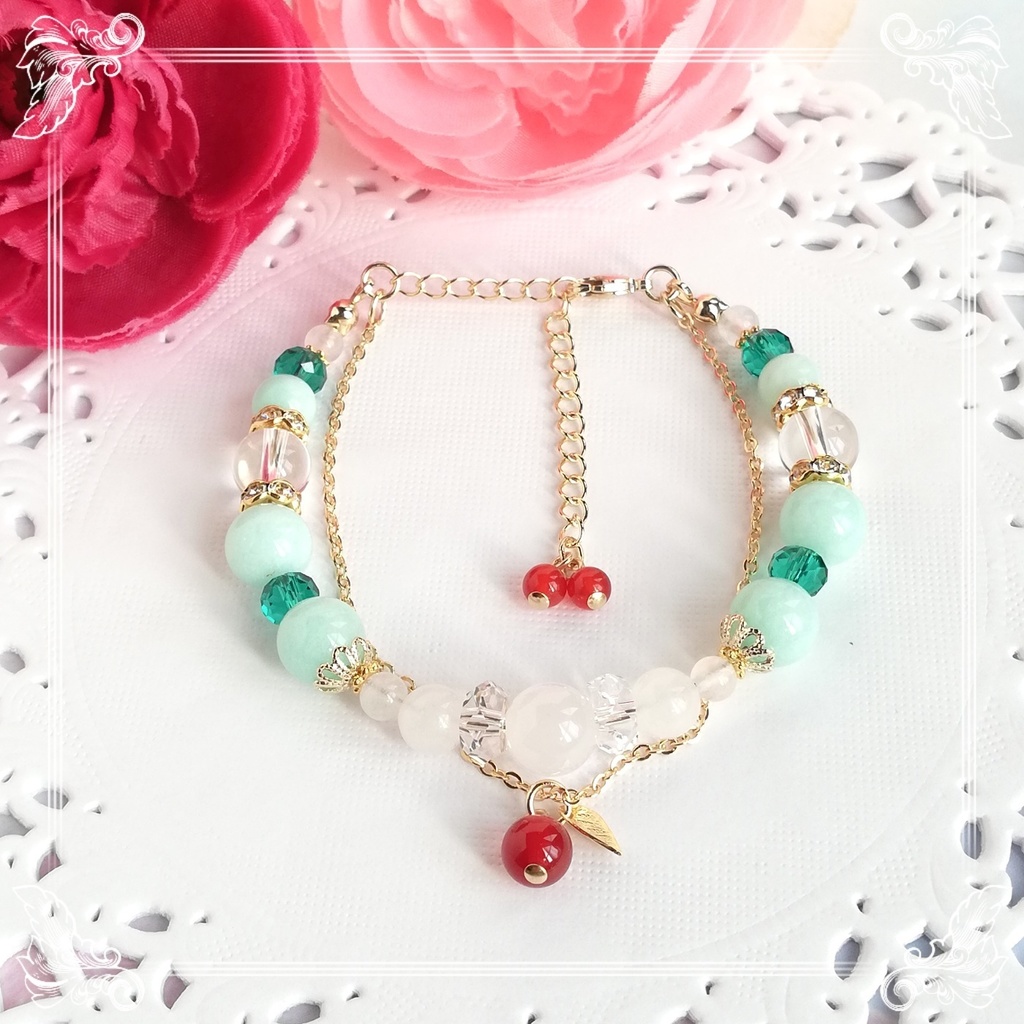 ハンドメイド 【メロンクリームソーダ】天然石2連ブレスレット