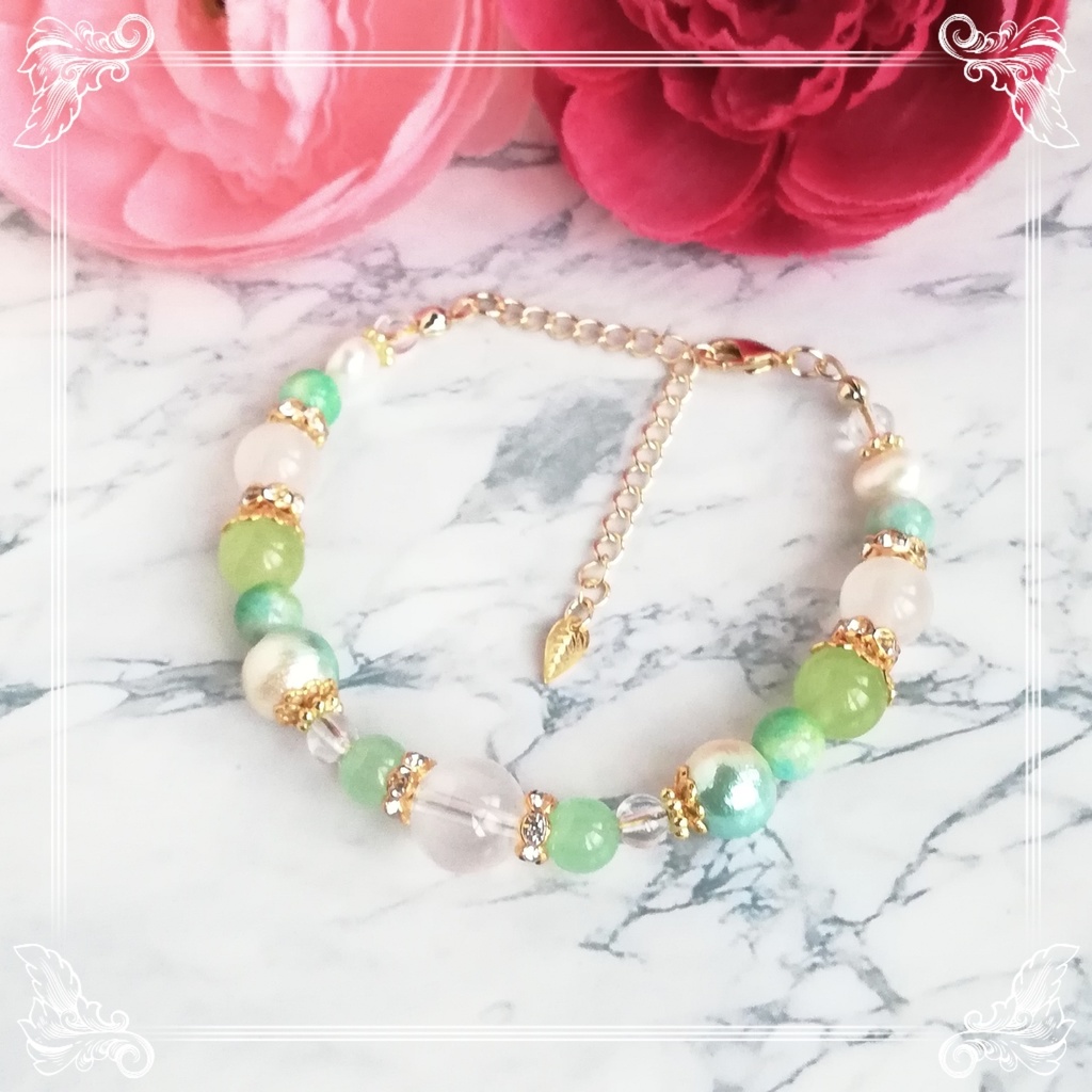 ミルキークォーツ&キャンディクォーツ 【青林檎】天然石ブレスレット ハンドメイド