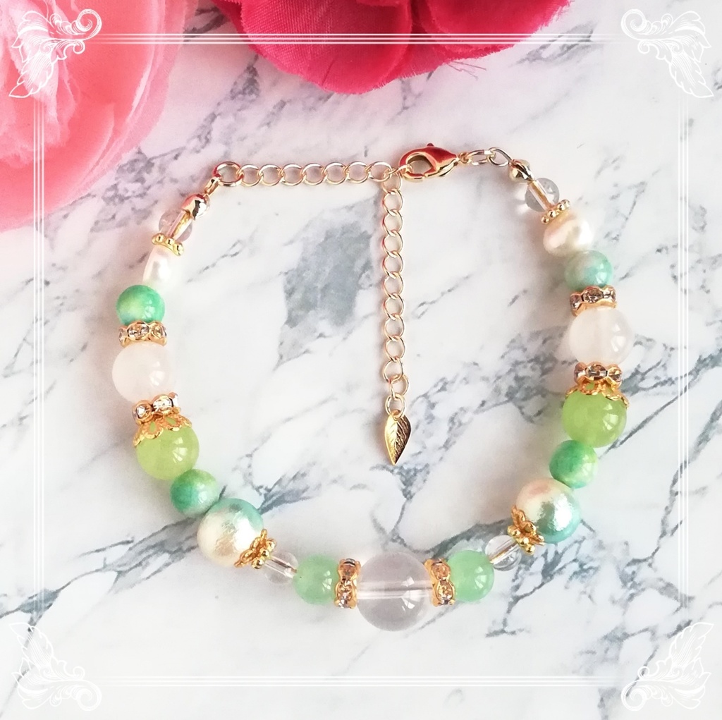 ミルキークォーツ&キャンディクォーツ 【青林檎】天然石ブレスレット ハンドメイド