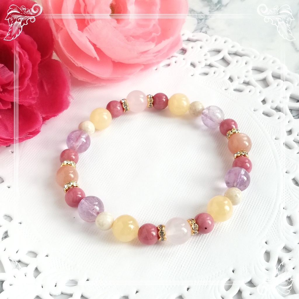 【フルーツポンチ】ローズクォーツ&オレンジムーンストーン&ラベンダーアメジスト　カラフルな天然石ブレスレット　ハンドメイド