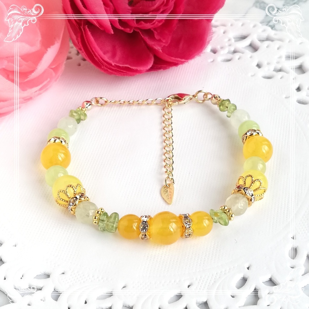 【檸檬】イエローカルセドニーと8月の誕生石ペリドットの天然石ブレスレット ハンドメイド