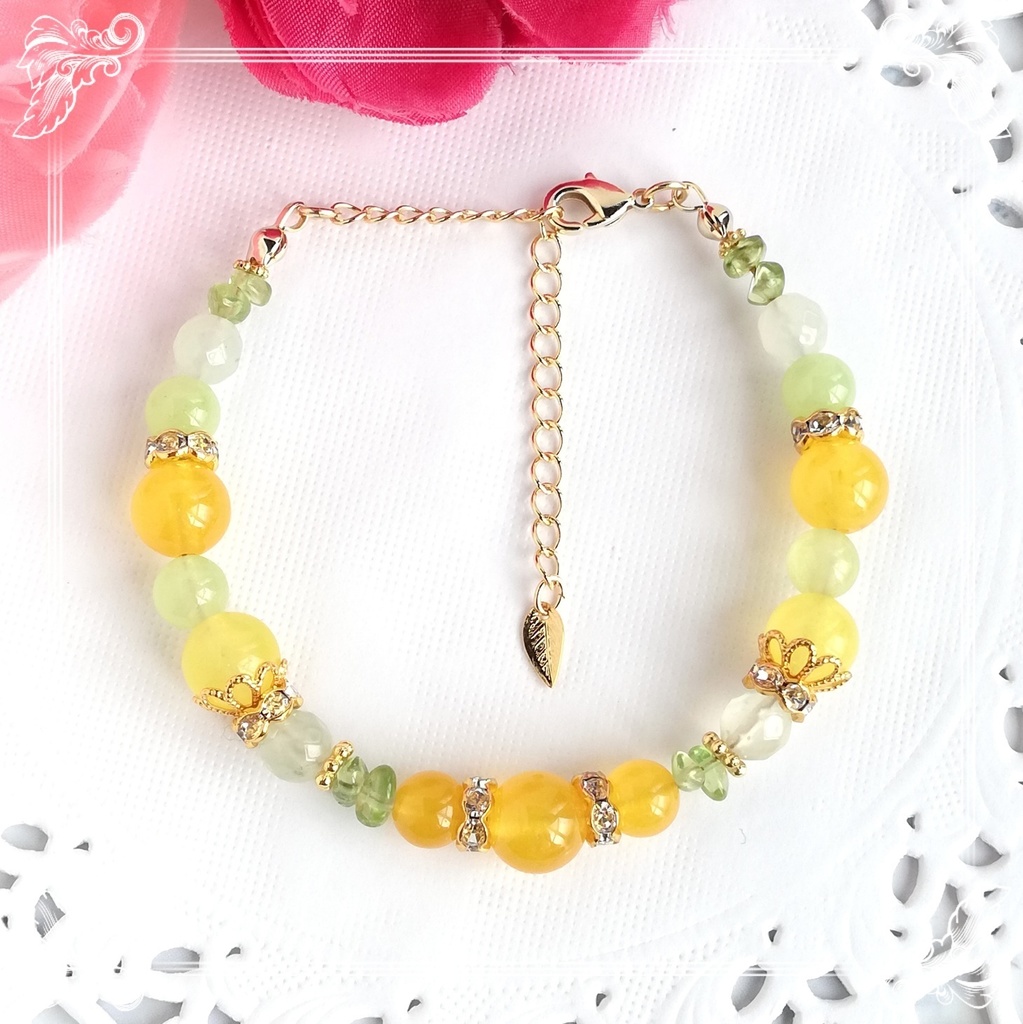 【檸檬】イエローカルセドニーと8月の誕生石ペリドットの天然石ブレスレット ハンドメイド
