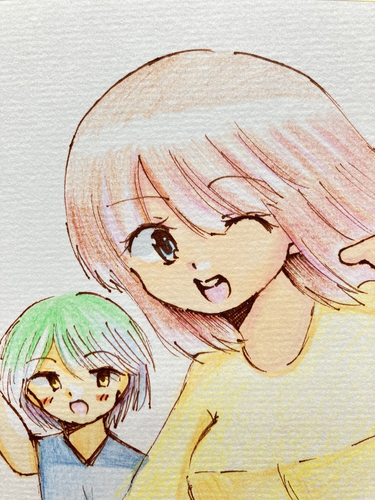 手描きイラスト　オリジナル　元気いっぱい　女の子　男の子　小色紙