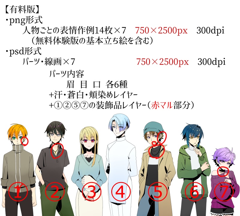 【有料/無料】立ち絵素材03:男女7人セット