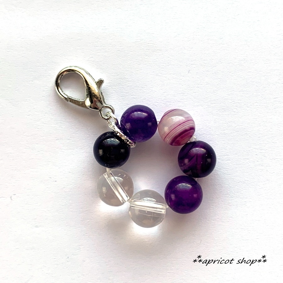 パープルストライプアゲートと水晶 天然石 ストラップ/円環