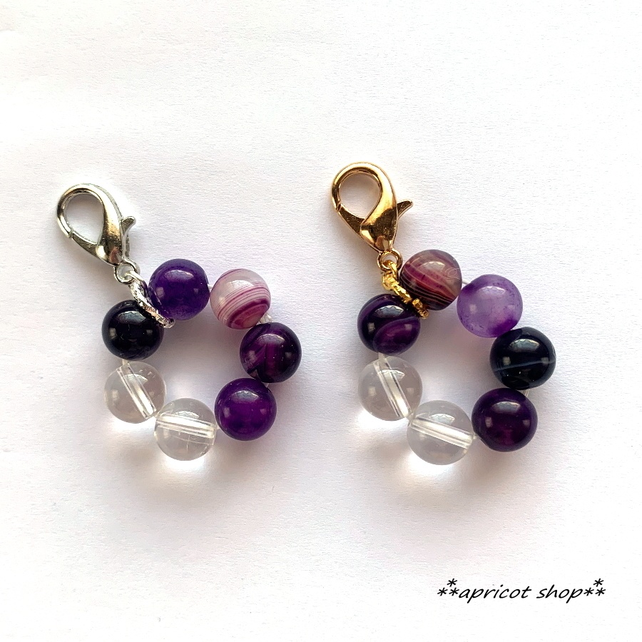 パープルストライプアゲートと水晶 天然石 ストラップ/円環