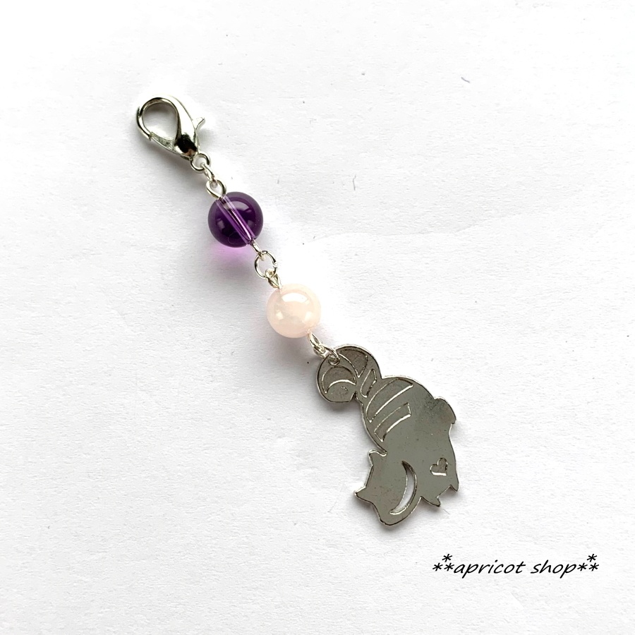 チェシャ猫キーホルダー/アメジストとローズクォーツ